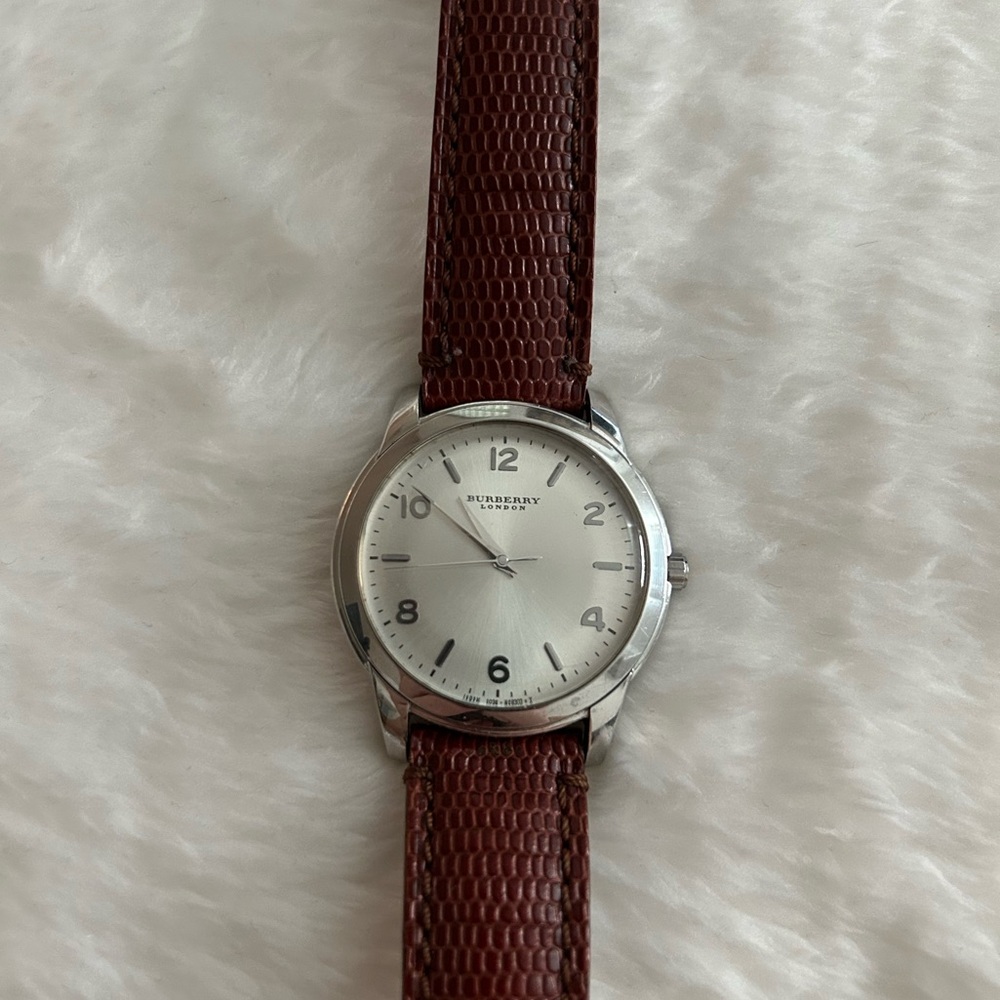 Burberry Silver Watch with Brown Leather Strap- unisex